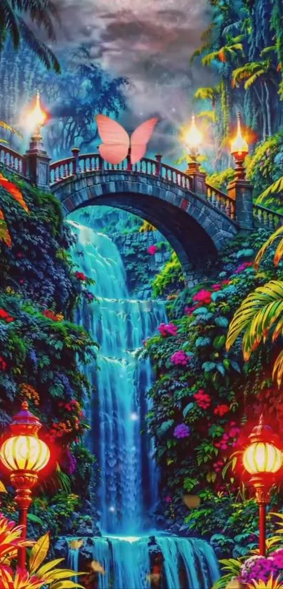 Fantasy waterfall scene with lush jungle and illuminated bridge.