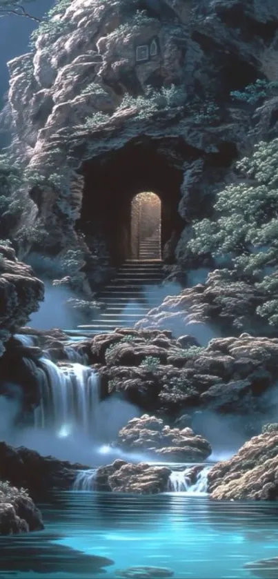 Mystical waterfall cave entrance with natural beauty.