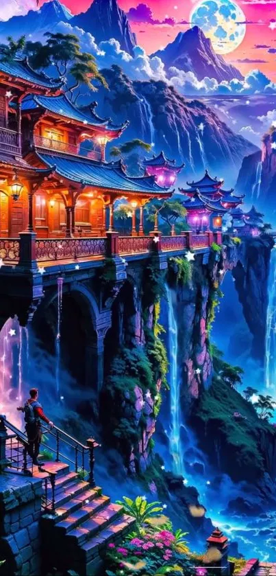 Colorful fantasy landscape with waterfalls and traditional buildings.