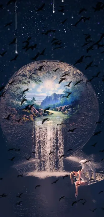 Fantasy dreamscape wallpaper with waterfall and floating island.