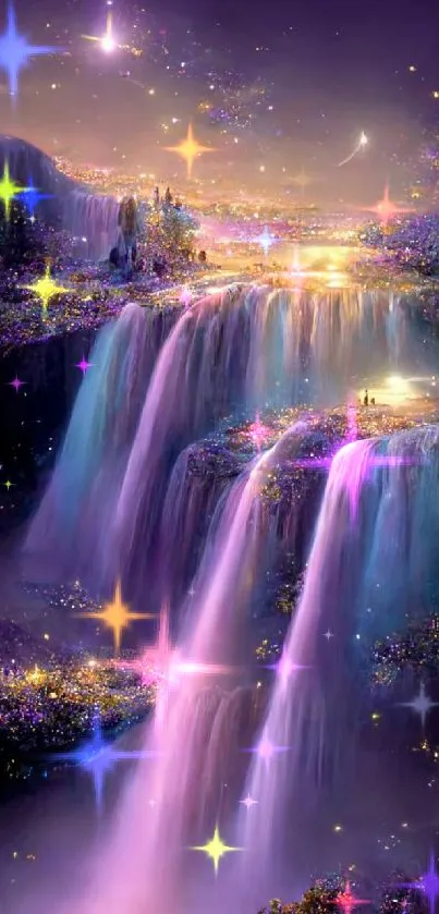 Mystical waterfall art with purple and blue hues in a starry landscape.