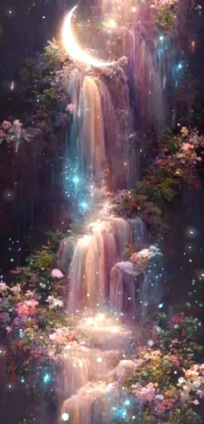 Mystical waterfall with a crescent moon and vibrant flowers.