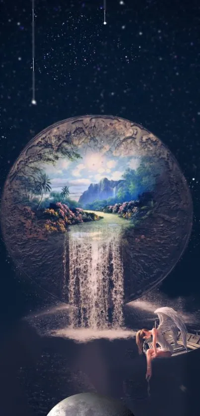 Fantasy waterfall from celestial sphere with boat under starry sky.