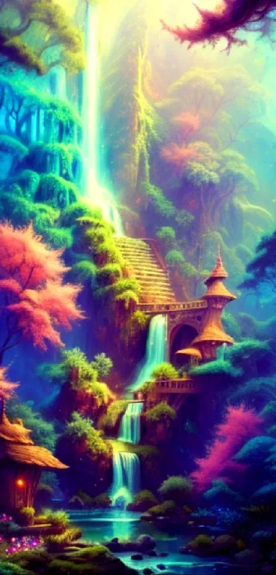 Vibrant fantasy waterfall with lush, colorful forests.