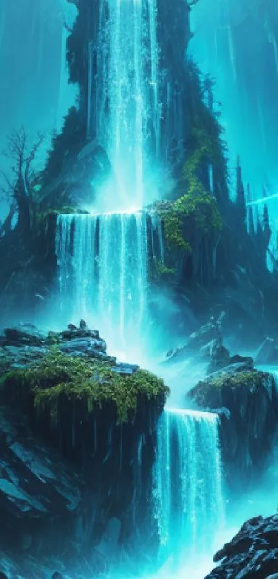 Enchanting waterfall in a mystical forest setting, perfect for fantasy enthusiasts.