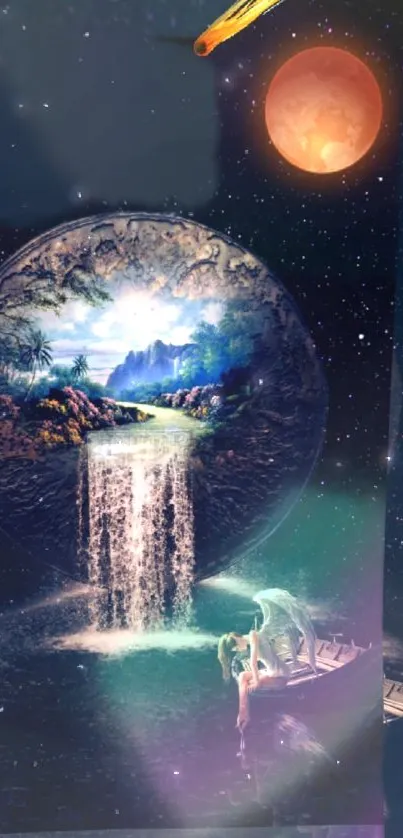 Fantasy art wallpaper of a mystical waterfall and celestial scene.