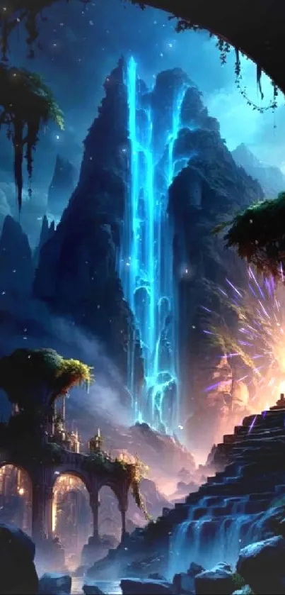 Fantasy landscape with mystical waterfall cascading down a mountain.