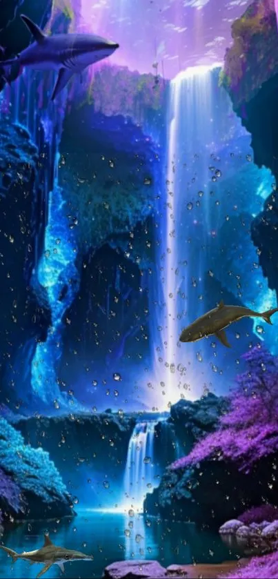 Fantasy wallpaper with waterfall and sharks in vibrant blue and purple.