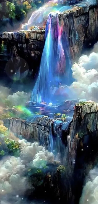 Fantasy waterfall with blue cascades and clouds in a mystical landscape.