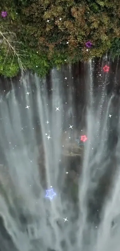 Fantasy waterfall with luminous stars and lush greenery.