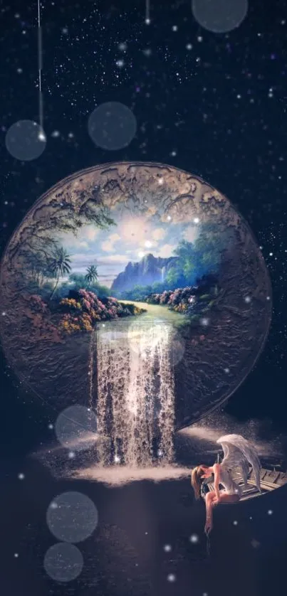 Mystical fantasy wallpaper with waterfall and galaxy.