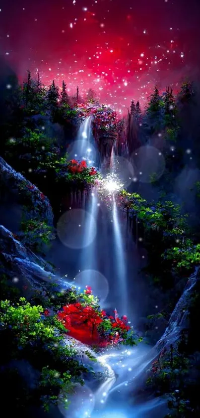 Fantasy art wallpaper of mystical waterfall in vibrant colors.