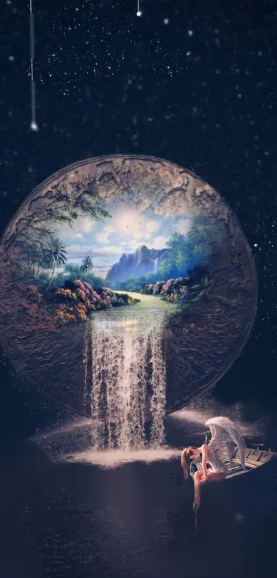 Fantasy scene with a mystical waterfall and enchanting landscape.