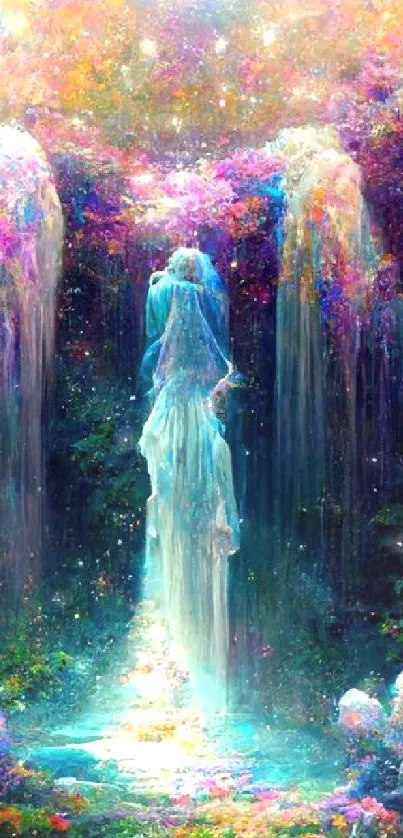 Mystical fantasy art with a colorful waterfall and celestial glow.