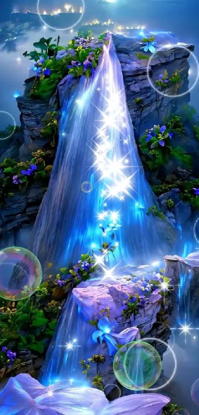 Mystical waterfall with glowing flowers and ethereal lights.