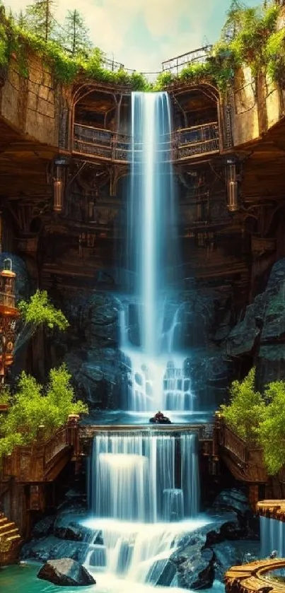 Mystical fantasy scene with waterfall and golden architecture.