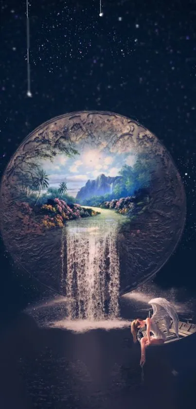 Surreal scene with celestial orb and waterfall in a starry night sky.