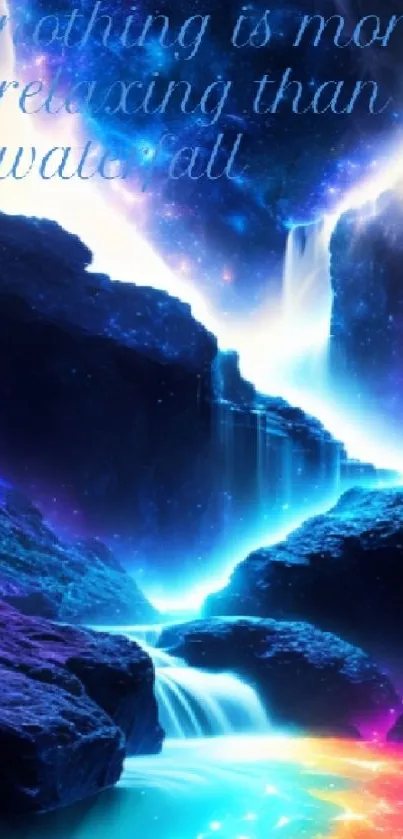 Mystical waterfall with galaxy sky and vibrant colors on mobile wallpaper.