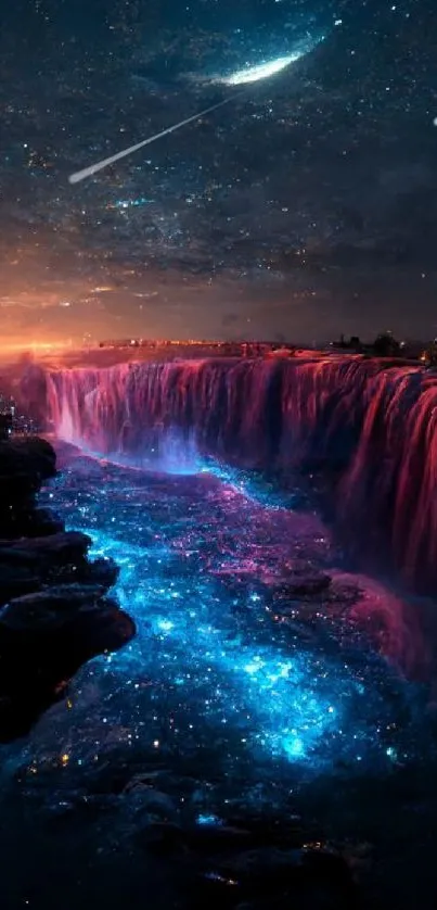 Mystical waterfall with glowing galaxy and vibrant colors at night.