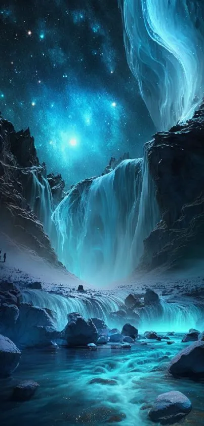 A mystical waterfall under a vibrant galaxy sky, glowing with teal and blue hues.