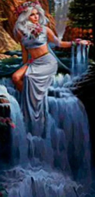 Fantasy art of a goddess by a waterfall in a serene, mystical setting.