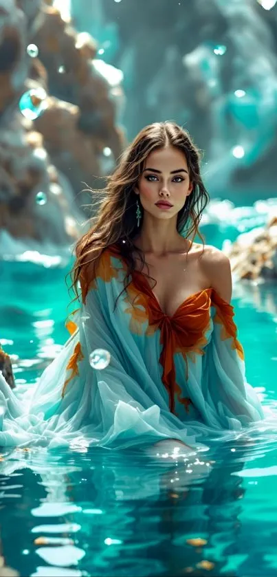 Woman in colorful dress standing in turquoise waters.