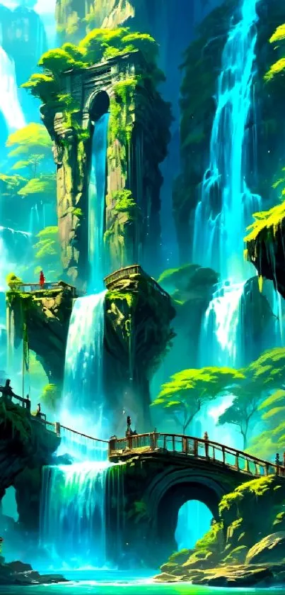 Mystical landscape with waterfalls and lush greenery in vibrant colors.