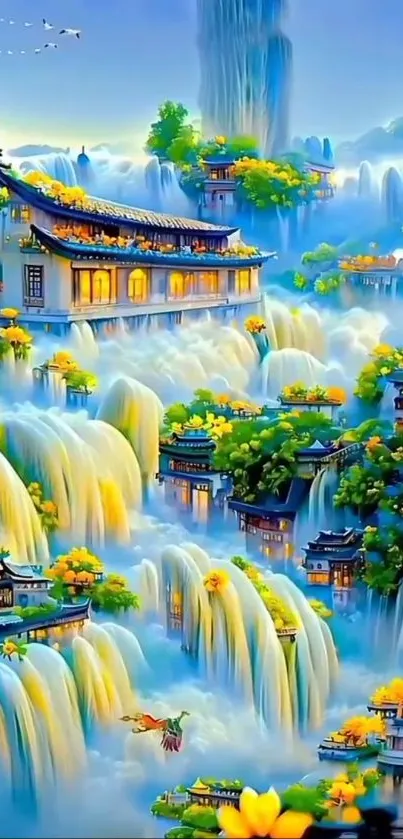 Colorful fantasy landscape with waterfalls.