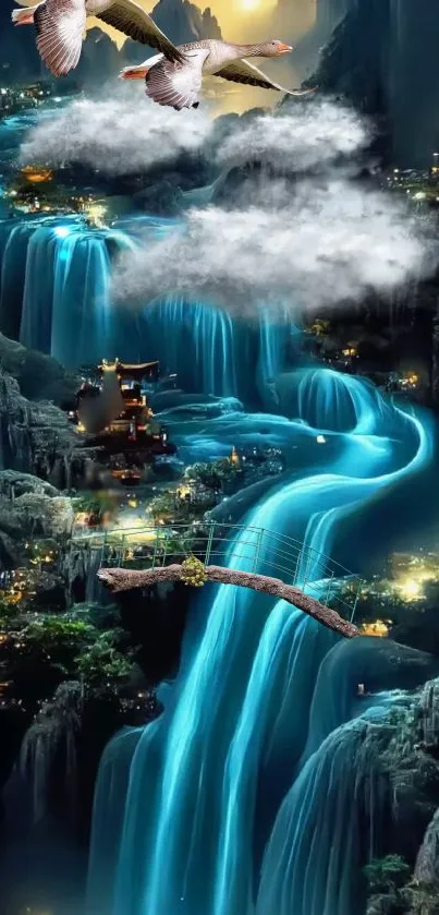 Mystical wallpaper featuring a moonlit waterfall and flying birds.