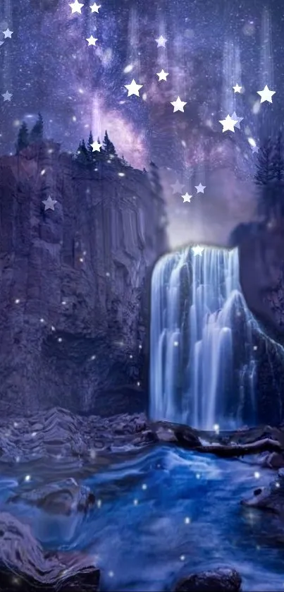 Mystical waterfall under a starry night sky, blending nature with fantasy.