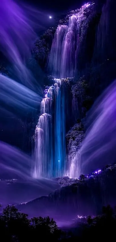 Mystical waterfall at night with purple and blue hues.