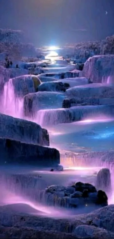 Mystical purple waterfall under a starry night sky.