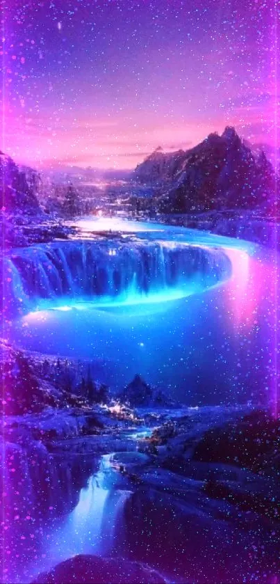 Mystical blue waterfall under a starry night sky with mountains.