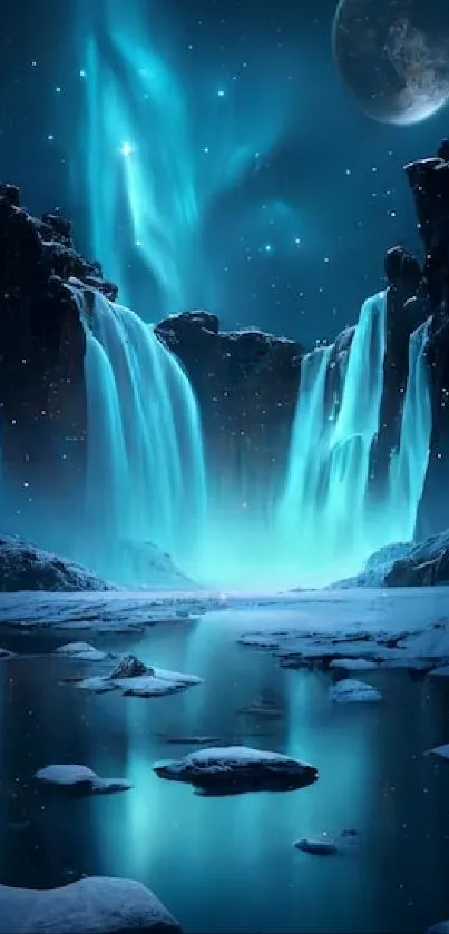 Enchanted nightscape with illuminated waterfall under a starry sky.