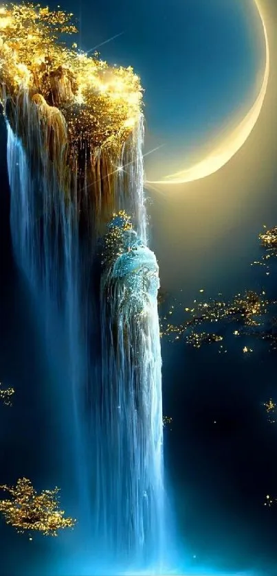 A mesmerizing fantasy waterfall illuminated by a crescent moon with golden light.