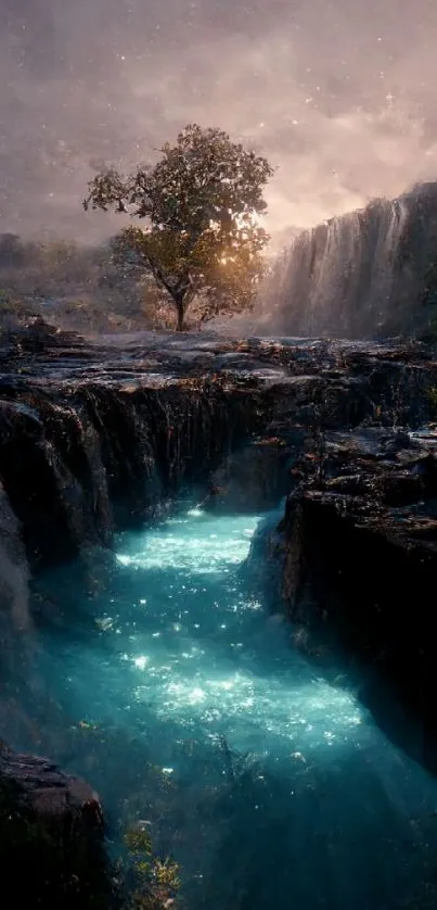 Mystical waterfall scene with turquoise water and lush surroundings.