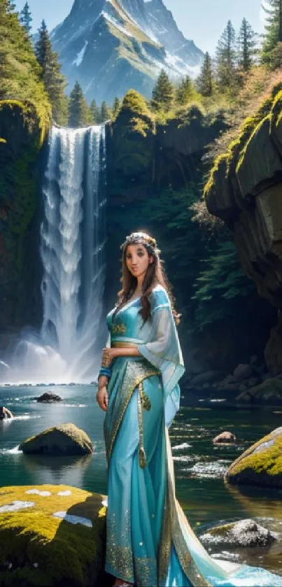 Woman in traditional dress by a majestic waterfall, surrounded by green nature.