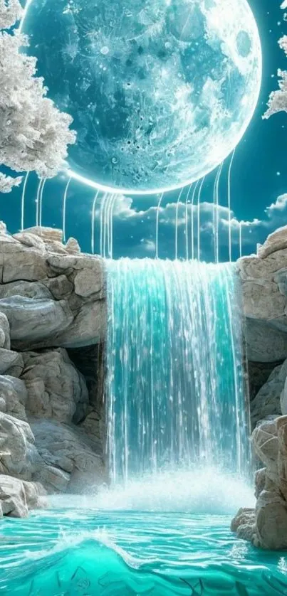 Mystical waterfall under a glowing moonlit sky.
