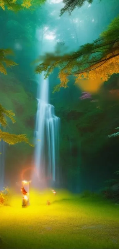 Mystical forest waterfall with glowing scenery.