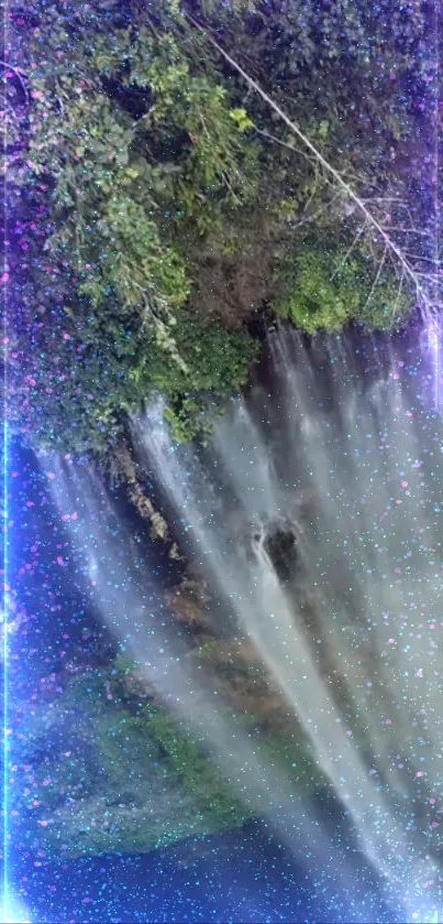 Mystical waterfall with vibrant colors and purple hues.