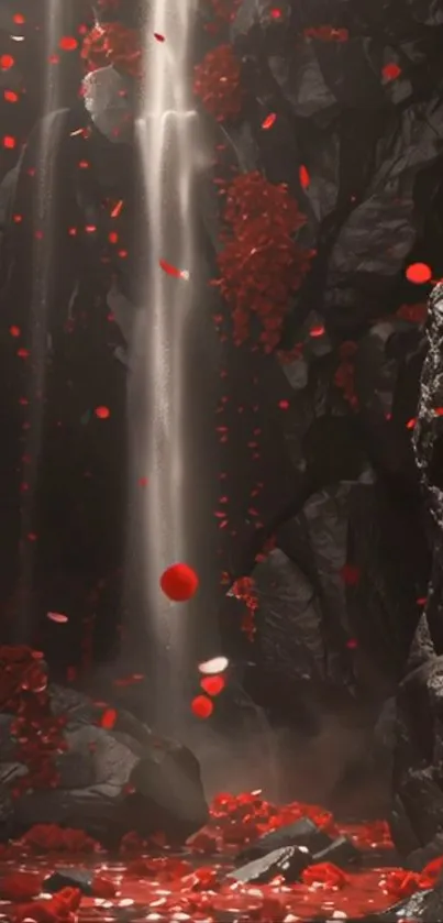 Waterfall with cascading rose petals in a rocky setting.