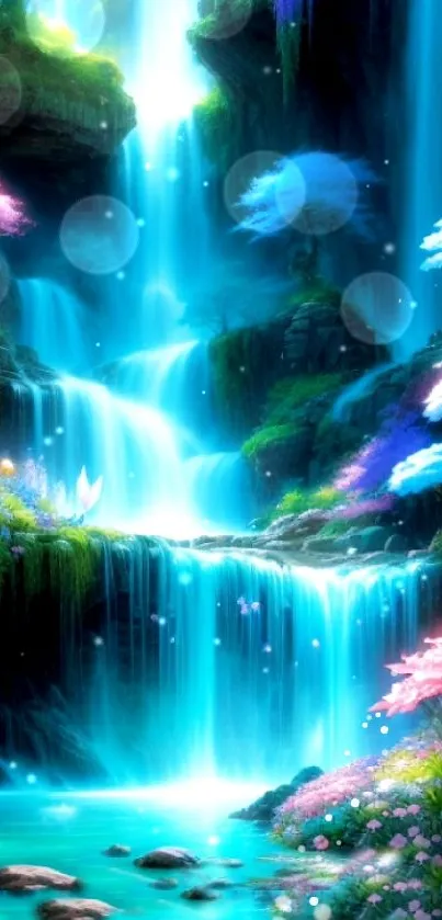 Mystical waterfall with vibrant colors in a fantasy forest landscape.