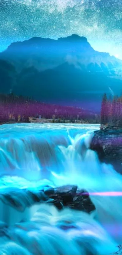 Mystical waterfall at night under a starry sky with mountains.