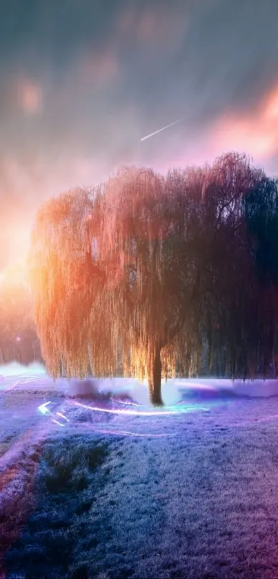 Mystical weeping willow with glowing lights under a colorful sky.