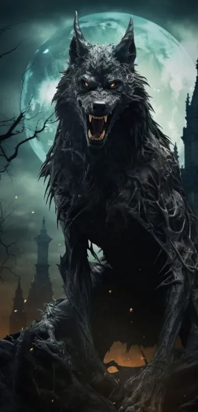 A mystical werewolf under a full moon with a gothic castle in the background.