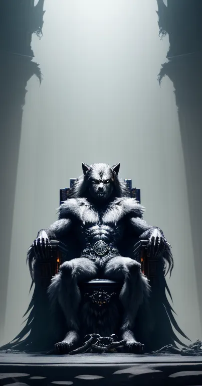 A fierce werewolf sits majestically on a detailed throne, surrounded by a gothic ambiance.