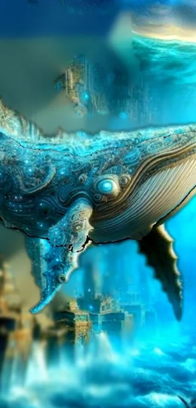 Mystical blue whale swimming in ocean fantasy art.