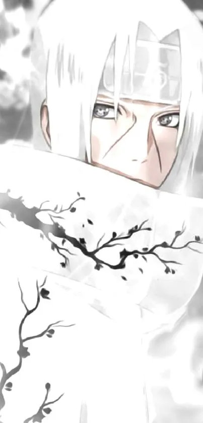 Anime character in a white cloak with tree patterns, exuding mystical aura.