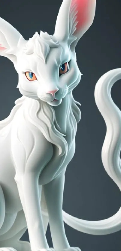 Digital artwork of a mystical white cat sculpture with a dark background.