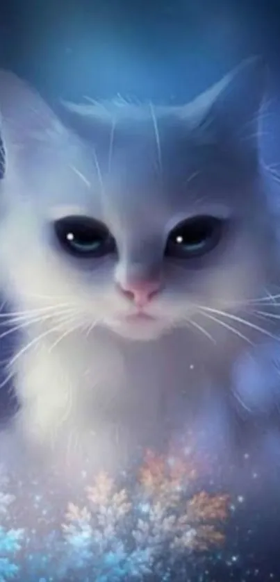 Mystical white cat with blue background in cosmic theme.